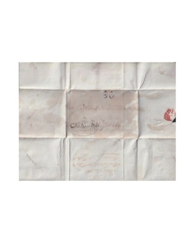 F-EX19129 SPAIN 1815 DESINFECTED BARCELONA TO PORTUGAL 1 CUT + IMMERATION IN VINEGAR.