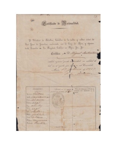 E6101 MEXICO 1867. CERTIFICATE OF SPANISH CITIZEN. CONSULATE SPAIN IN MEXICO.