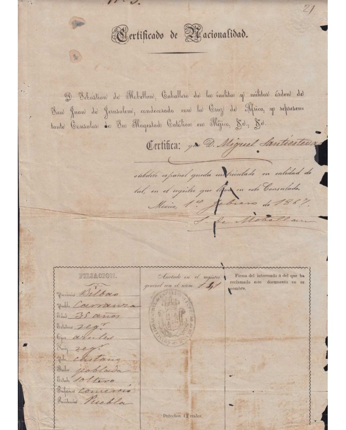E6101 MEXICO 1867. CERTIFICATE OF SPANISH CITIZEN. CONSULATE SPAIN IN MEXICO.