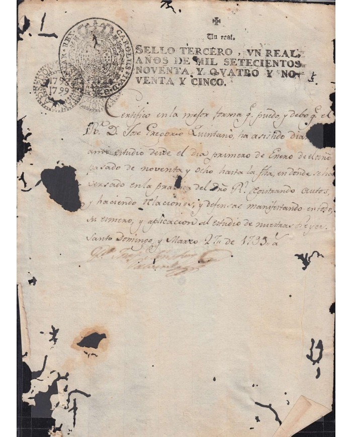 E6121 SANTO DOMINGO SPAIN ESPAÑA. REP DOMINICANA REVENUE SEALLED PAPER 1798-99. SELLO 2do.