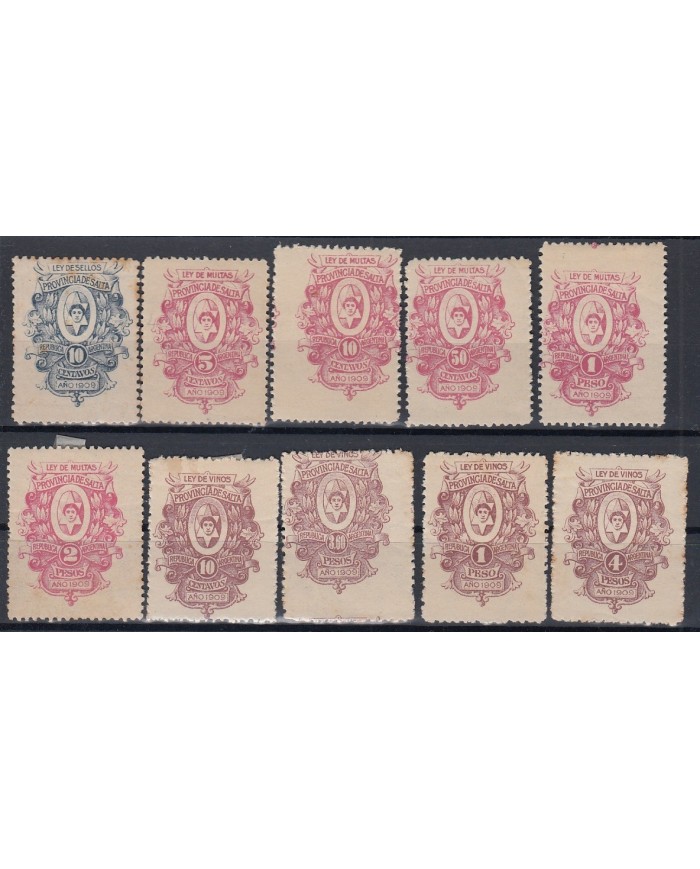 F-EX7349 ARGENTINA LOCAL REVENUE SALTA PROVINCE 1909. LEY SELLOS, MULTAS, WINE.