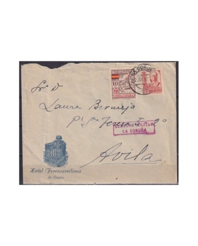 F-EX18906 ESPAÑA SPAIN 1937 SOBRE HOTEL FERROCARRILANA CORUÑA CENSORSHIP CENSURA MILITAR.