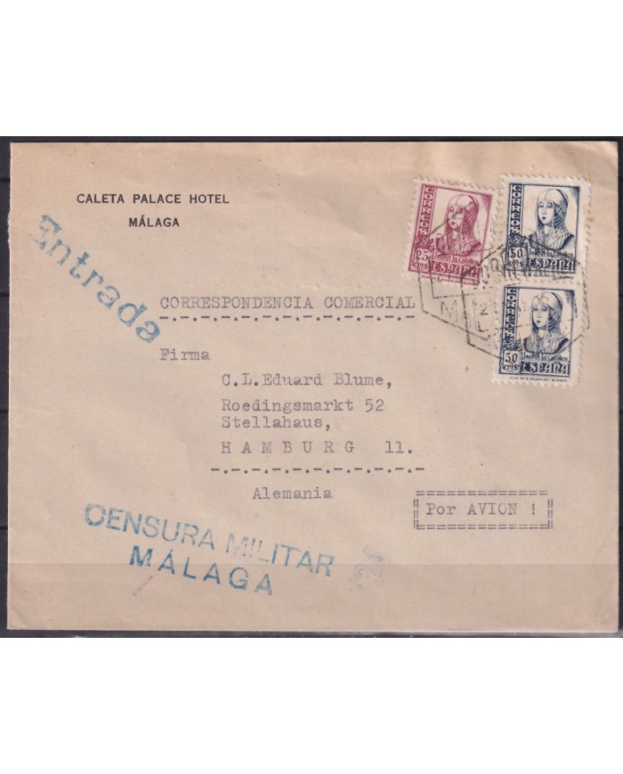 F-EX18951 ESPAÑA SPAIN 1944 SOBRE HOTEL CALETA PALACE MALAGA CENSORSHIP CENSURA MILITAR.