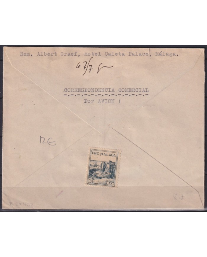 F-EX18951 ESPAÑA SPAIN 1944 SOBRE HOTEL CALETA PALACE MALAGA CENSORSHIP CENSURA MILITAR.
