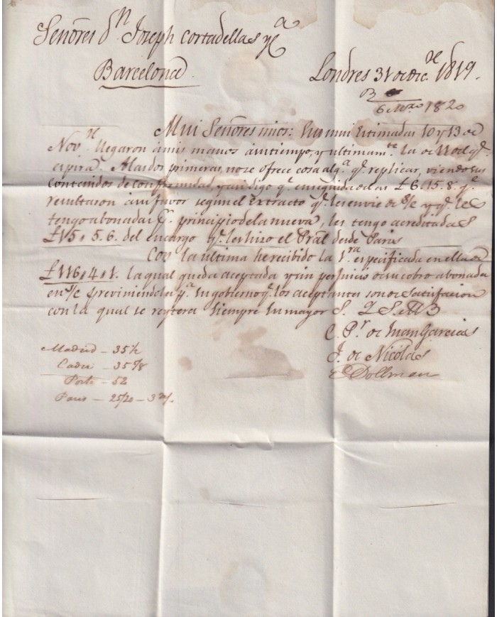 F-EX19131 ENGLAND UK 1819 DESINFECTED TO SPAIN 2 CUT + IMMERATION IN VINEGAR.