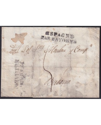 F-EX19132 FRANCE 1822 DESINFECTED MAIL TO SPAIN 2 CUT + IMMERATION IN VINEGAR.