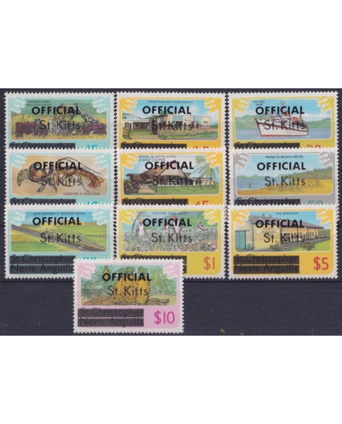 F-EX20136 ST KITS MNH 1980 DEFINITIVE SET OVERPRINT OFFICIAL PINNEAPLE SHIP COTTON LOBSTER.
