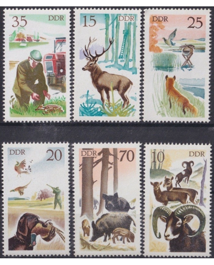 F-EX19597 GERMANY DDR MNH HUNTING DEER DOG PERROS FOX BIRD