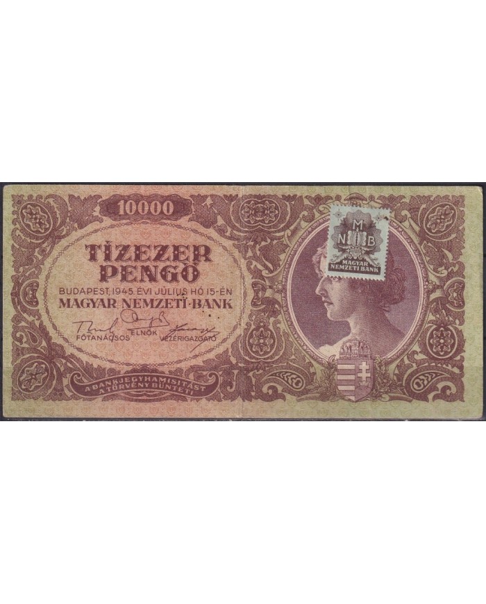 F-EX18890 HUNGARY HUNGRIA VF 10.000 PENGO + STAMP 1945