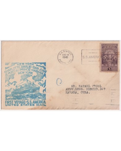 F-EX16522 US SEAPOST PUERTO RICO SS AMERICA TO HAVANA. 1940.