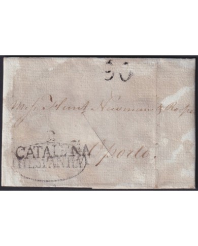 F-EX19129 SPAIN 1815 DESINFECTED BARCELONA TO PORTUGAL 1 CUT + IMMERATION IN VINEGAR.