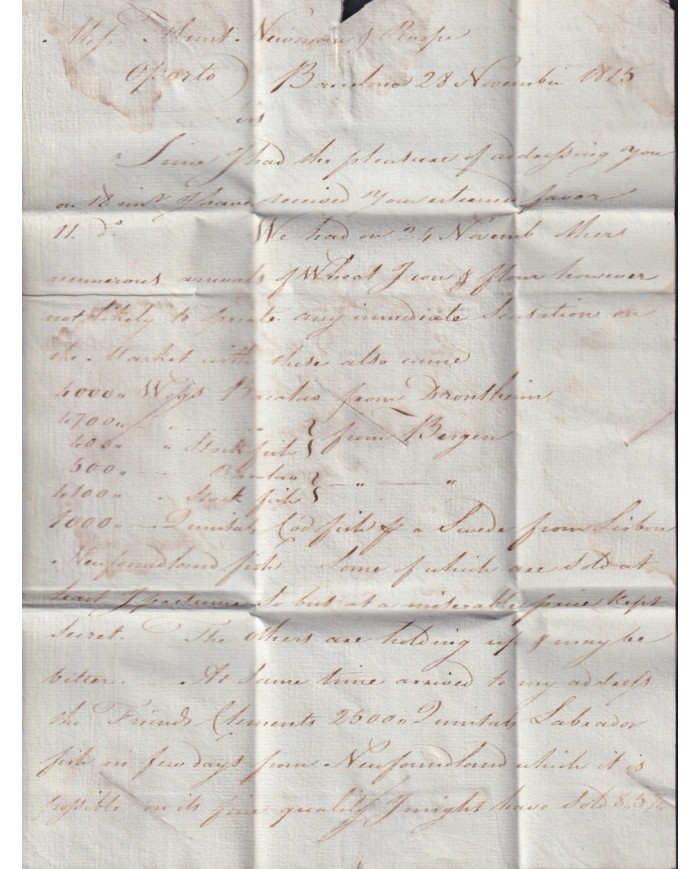 F-EX19129 SPAIN 1815 DESINFECTED BARCELONA TO PORTUGAL 1 CUT + IMMERATION IN VINEGAR.