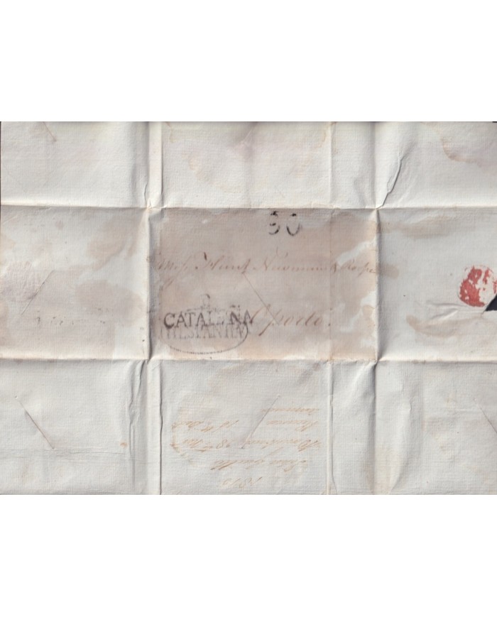 F-EX19129 SPAIN 1815 DESINFECTED BARCELONA TO PORTUGAL 1 CUT + IMMERATION IN VINEGAR.