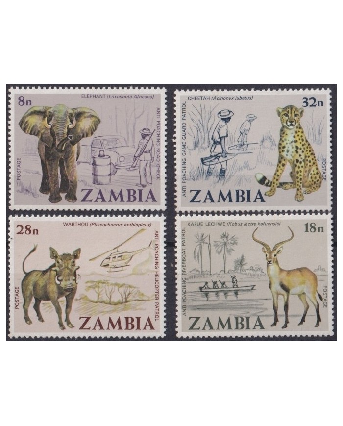 F-EX19586 ZAMBIA MNH 1985 ANTI POACHING PATROL ELEPHANT CHEETA KAFUE LECHWE