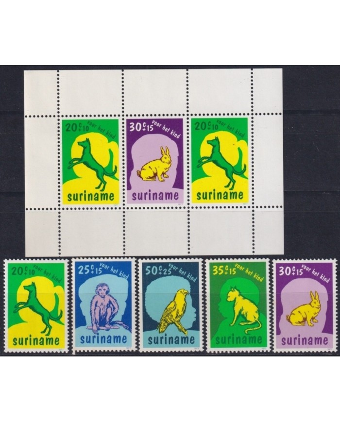 F-EX19560 SURINAME MNH 1979 DOG PERROS RABBIT PARROT BIRD SET + SHEET