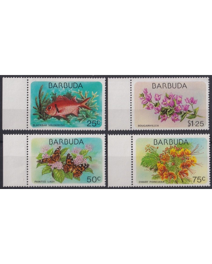 F-EX20369 BARBUDA MNH 1978 FAUNA BUTTERFLIES MARIPOSAS FISH SOLDIERFISH FLOWER BOUGAINVILLEA.