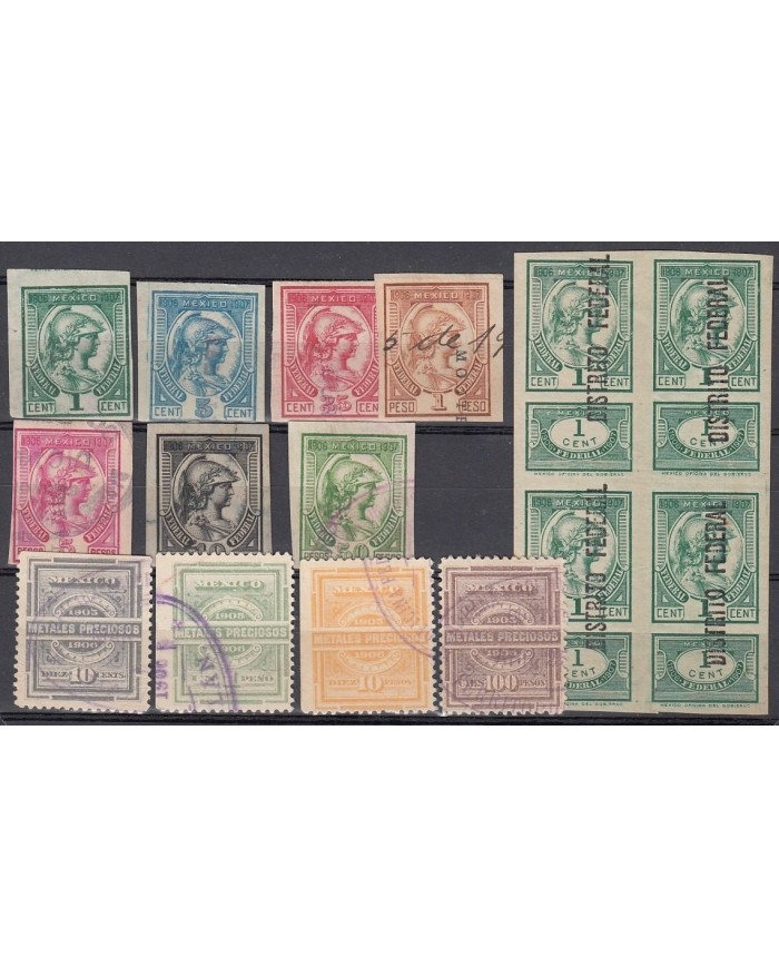F-EX5245 MEXICO REVENUE STAMPS LOT. 1906-07. SELLOS TIMBRE 50p + METALES 100p.
