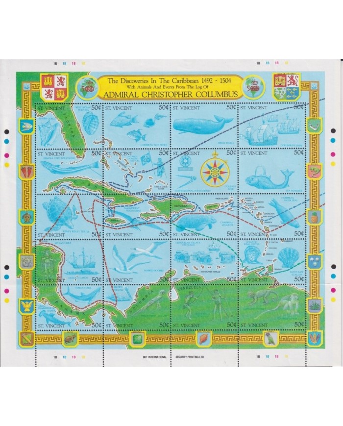 F-EX20020 ST VINCENT MNH 1989 DISCOVERY COLUMBUS TRAVEL MAP SHIP BIRD WHALE.