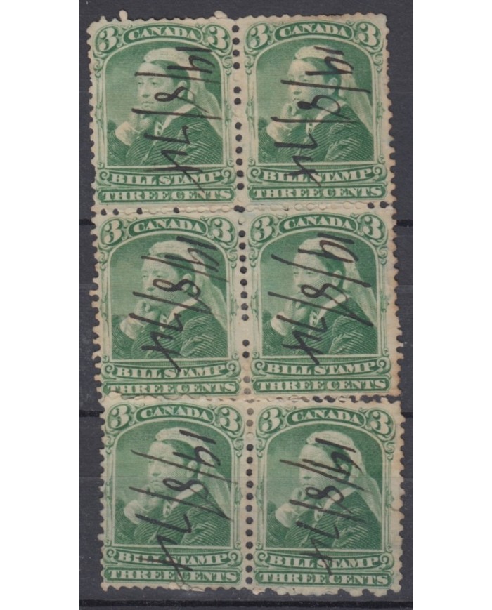 F-EX3526 CANADA REVENUE VICTORIA QUEEN. 3c. BLOCK 6.