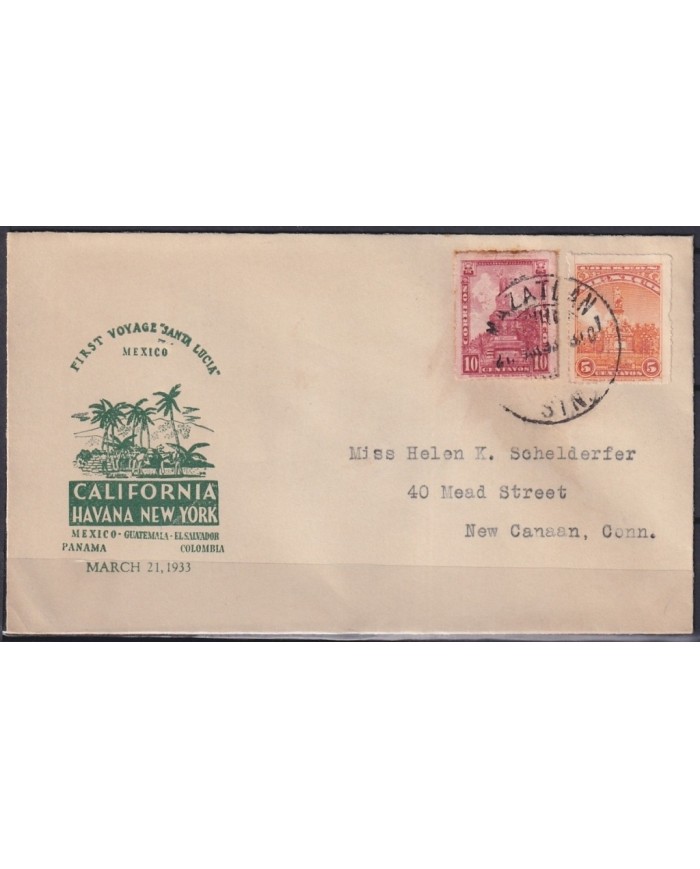 F-EX21420 MEXICO MAZATLAN 1933 FIRST VOYAGE SANTA LUCIA SHIP GRACE LINE.