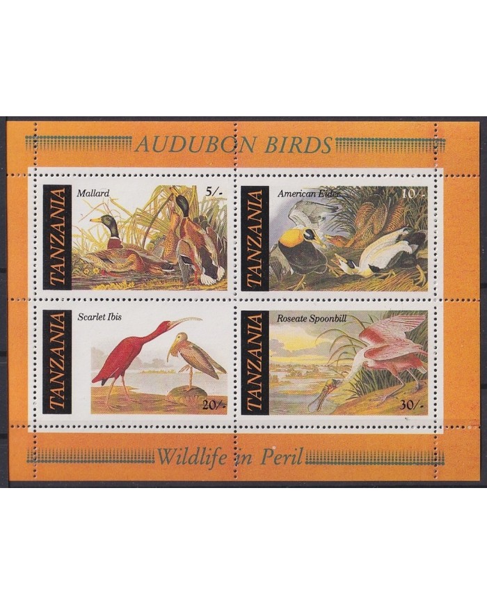 F-EX21266 TANZANIA MNH 1986 AUDUBON BIRD AVES PAJAROS OISEAUX VÖGEL BLOCK SHEET.