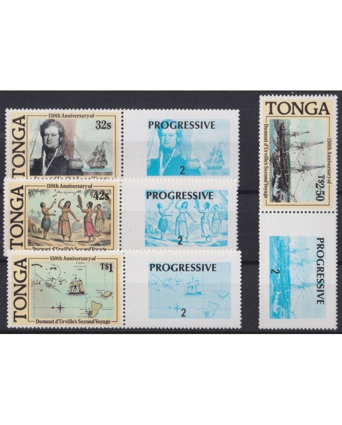 F-EX21611 TONGA MNH 1987 PROGRESIVE PROOF + SET DUMONT D´URVILLES SHIP.