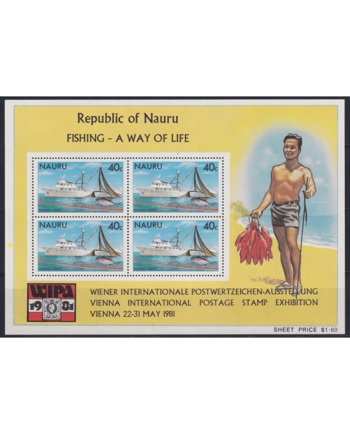 F-EX21615 NAURU MNH 1981 FISHING SHIP SHEET WIPA AUSTRIA PHILATELIC EXPO.