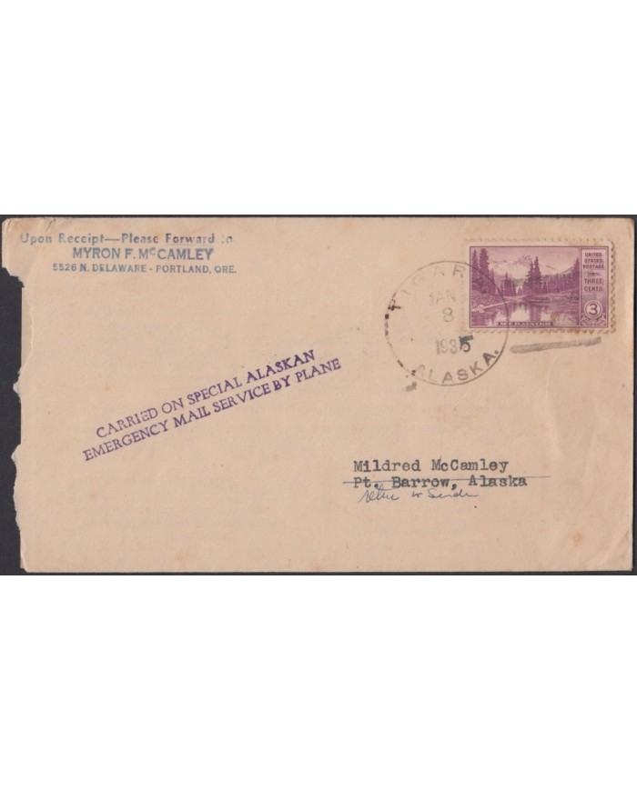 F-EX3823 US ALASKA 1934 EMERGENCY MAIL SERVICE BY PLANE. FIRST FLIGHT TIGARA - PORT BARRIOS.