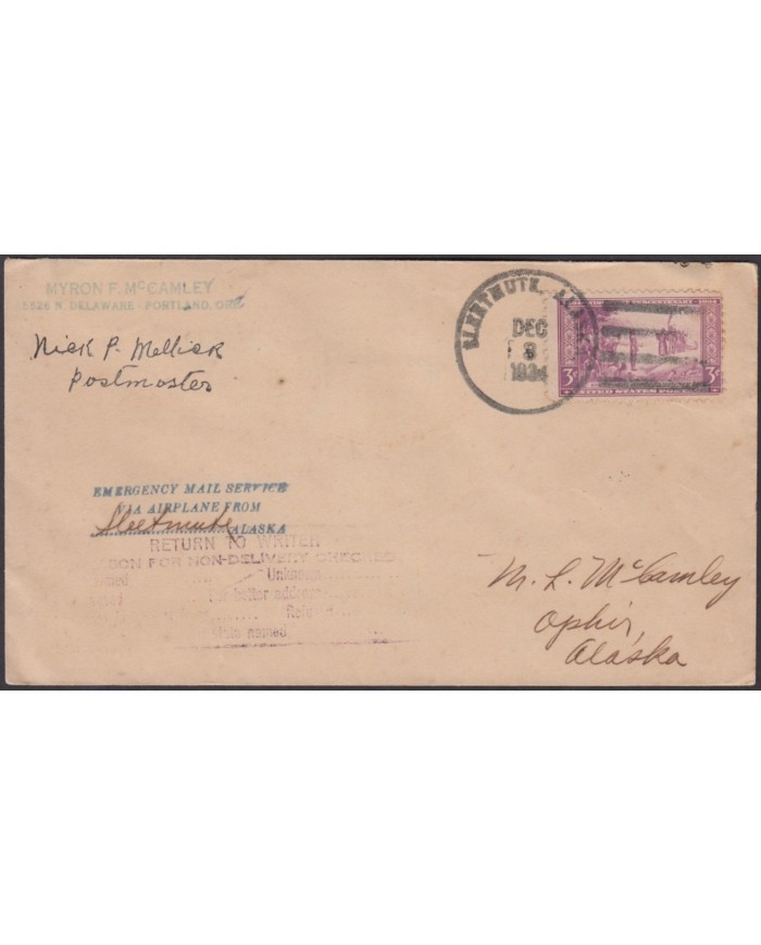 F-EX3824 US ALASKA 1934 EMERGENCY MAIL SERVICE BY PLANE. FIRST FLIGHT ELERTHUTE - APLIO.
