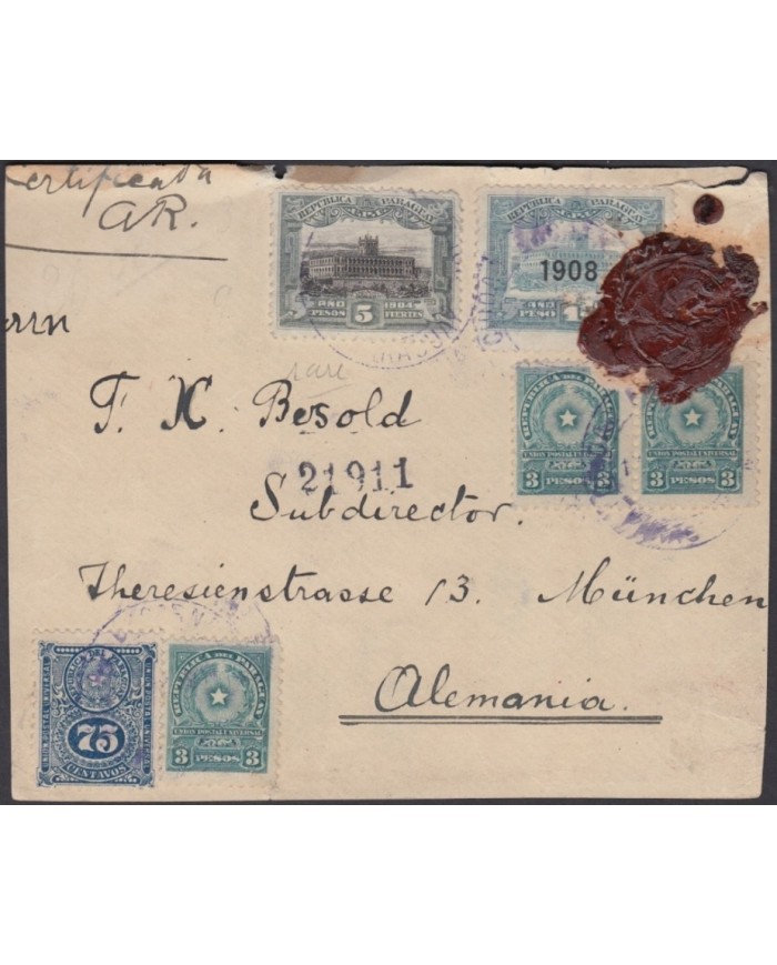 F-EX3835 PARAGUAY FRONT COVER REGISTERED TO GERMANY 1908.