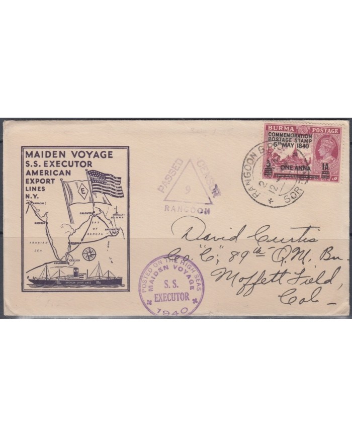 F-EX3865 BIRMANIA BURMA CENSORSHIP MAIDEN VOYAGE SS EXECUTOR 1940.