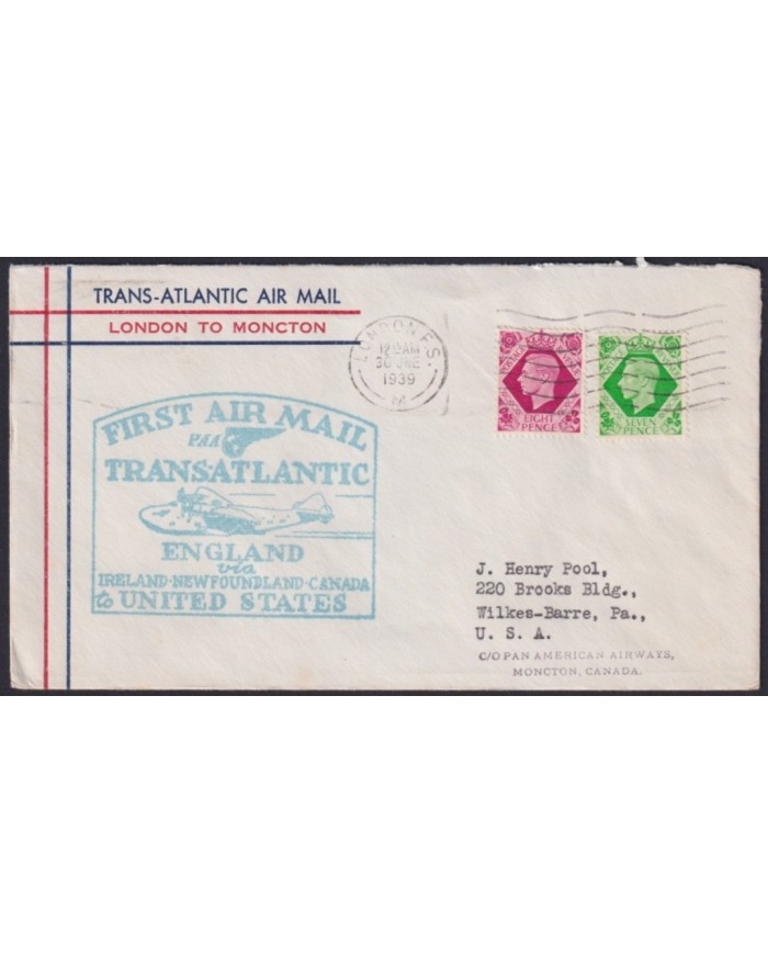 F-EX22036 UK ENGLAND TRANS-ATLANTIC 1939 FIRST FLIGHT LONDON - MONCTON, CANADA.