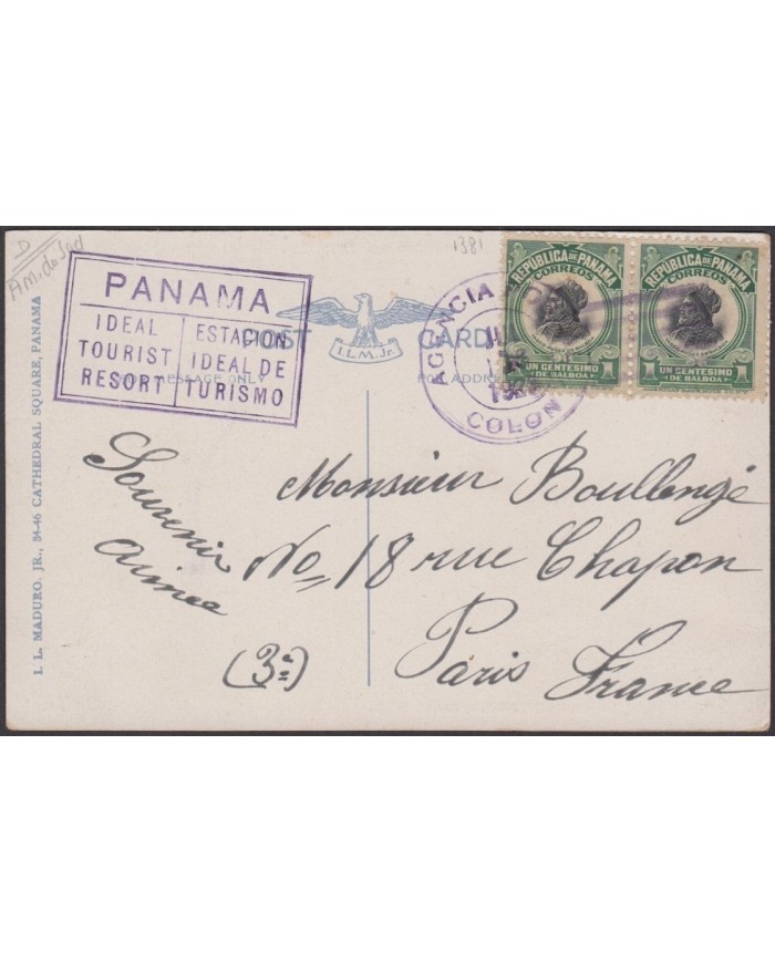 F-EX3872 PANAMA 1925 POSTCARD TO FRANCE. IDEAL TOURIST RESORT CANCEL.