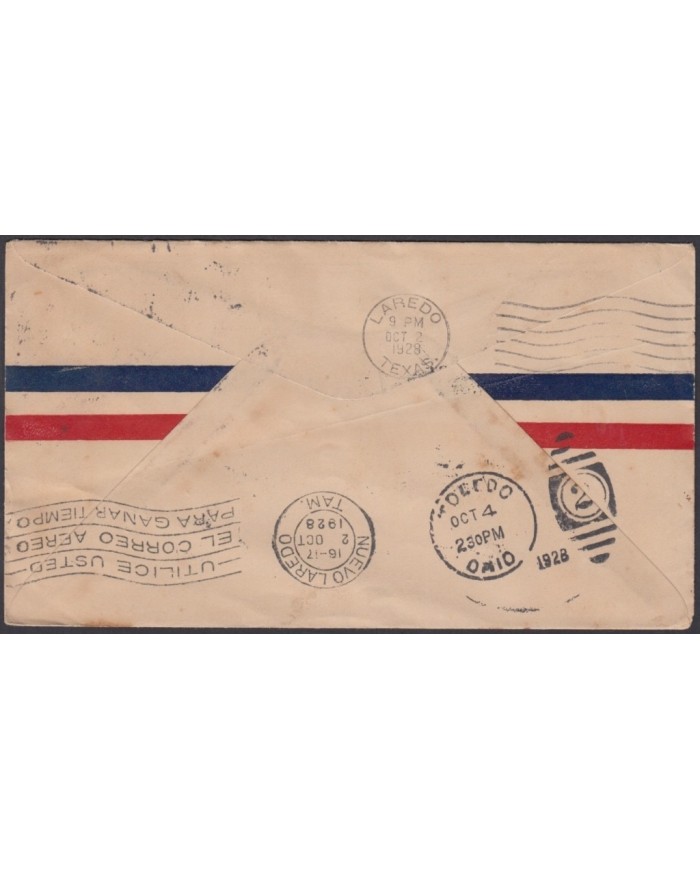 F-EX3873 MEXICO 1928 FIRST FLIGHT MEXICO DF - TOLEDO OHIO.