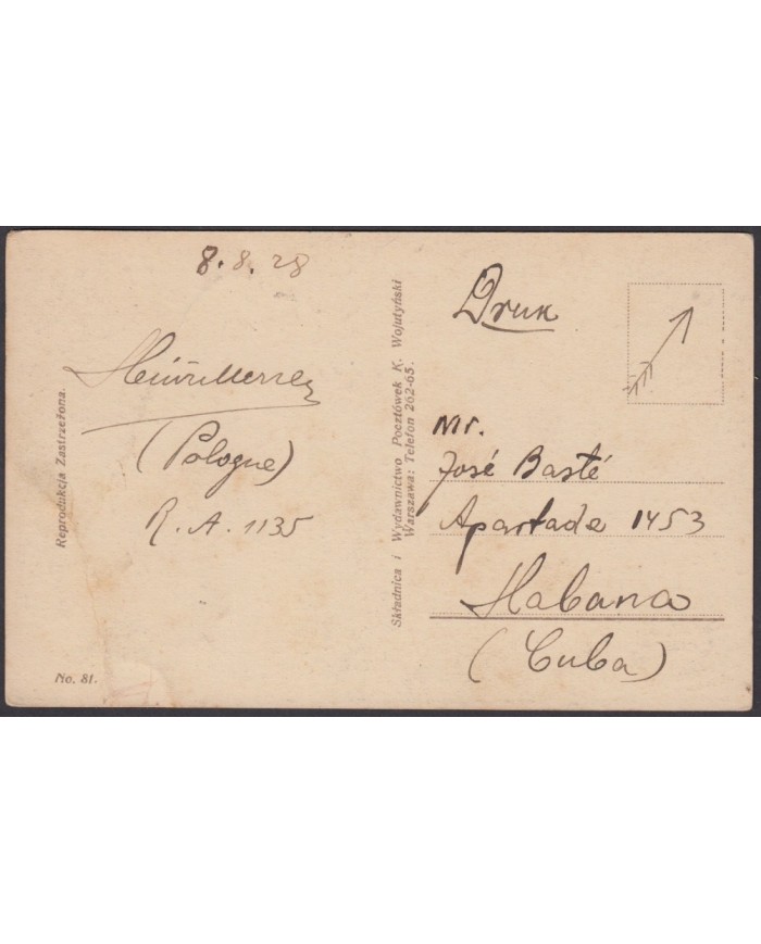F-EX3888 POLONIA POLAND POLSKA 1928 POSTCARD TO ANTILLES. MILITAR POST?.