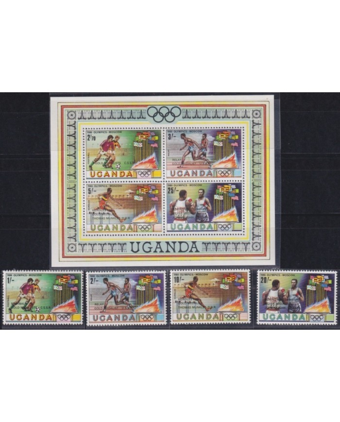 F-EX22473 UGANDA MNH 1980 MOSCOW OLYMPIC GAMES ATHLETICS BOXING SOCCER OVERPRINT.