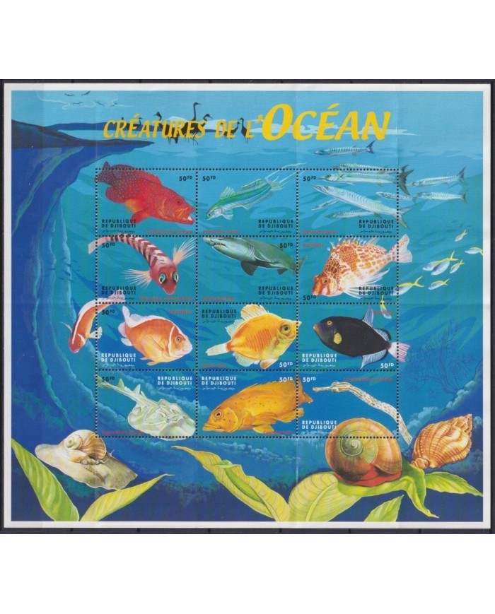 F-EX20076 DJIBOUTI MNH 2000 SEA MARINE WILDLIFE SHELL FISH PECES SMALL BEND.