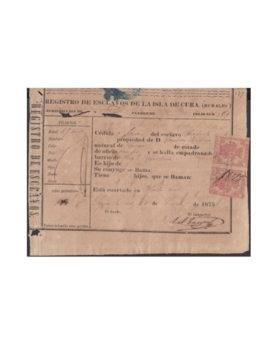E6216 SPAIN ANT. ESPAÑA 1875. SLAVE SLAVERY IDENTIFICATION CEDULA, POLICE STAMP USED.