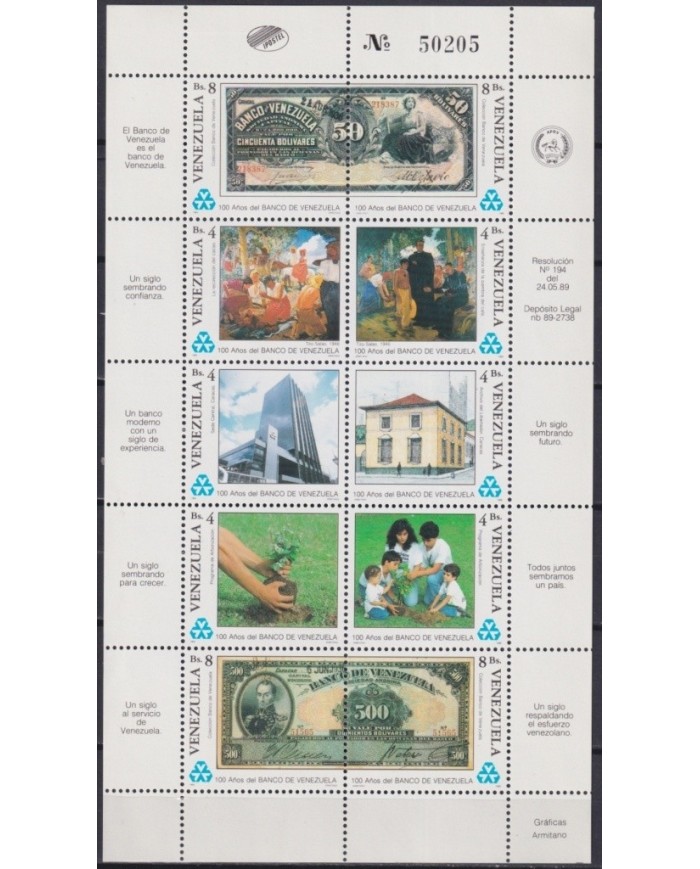 F-EX23165 VENEZUELA MNH 1989 SHEET 100th NATIONAL BANK BANKNOTES ART.