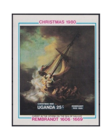 F-EX23212 UGANDA MNH 1980 CHRISTMAS NAVIDAD RELIGION ART REMBLANDT STORM OF GALILEA SEA.