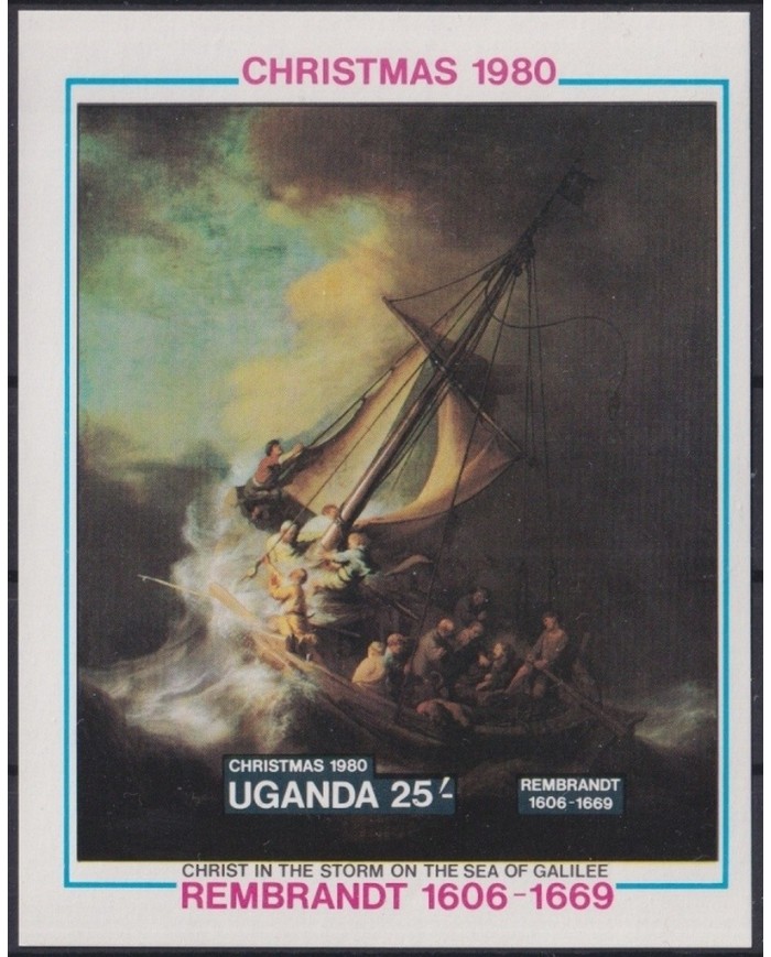 F-EX23212 UGANDA MNH 1980 CHRISTMAS NAVIDAD RELIGION ART REMBLANDT STORM OF GALILEA SEA.