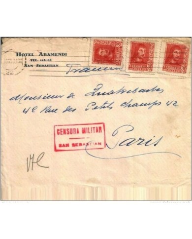 F-EX375 SPAIN ESPAÑA OLD COVER HOTEL ARAMENDI. SAN SEBASTIAN. CENSORSHIP 1938