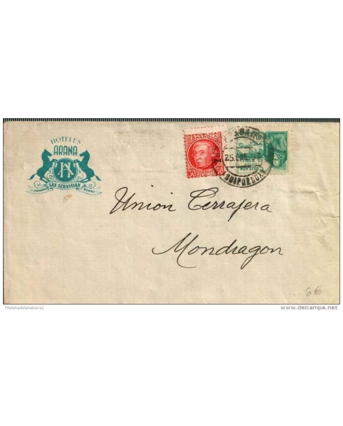 F-EX378 SPAIN ESPAÑA OLD COVER HOTEL ARANA. BILBAO GUIPUZCOA 1938 CINDIRELLA