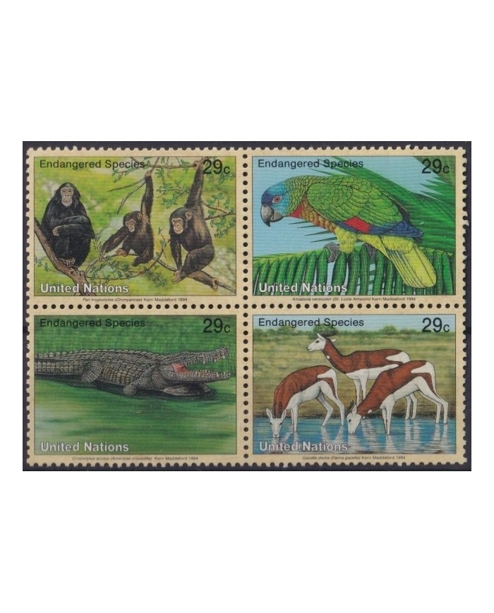 F-EX24181 UNITED NATION 1994 MNH ENDANGERED SPECIES WILDLIFE BIRD PARROT ALLIGATOR MONKEY PARROT.