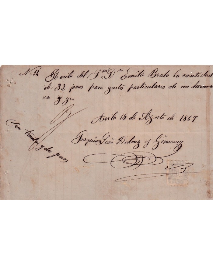 E6382 ESPAÑA SPAIN RECIBO LEGALIZADO CON SELLO 1870 AVILA