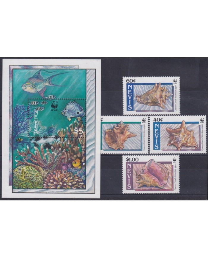 F-EX25377 NEVIS MNH 1990 SEA MARINE WILDLIFE FISH SNAIL SHELL CONCHAS MARINAS.