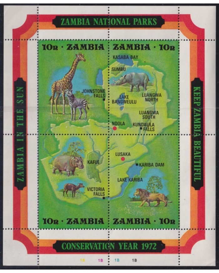 F-EX25672 ZAMBIA MNH 19726 WWF NATIONAL PARK CONSERVATION YEAR LION HIPPO RHINO.
