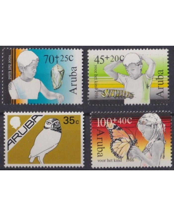 F-EX25911 ARUBA NEDERLAND ANTILLES MNH 1986 CHILD BUTTERFLIES BIRD OWL SHELL.