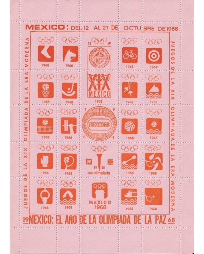 F-EX15621 OLYMPIC GAMES MEXICO 1968 ORANGE CINDERELLA SHEET RED PAPER NO GUM.