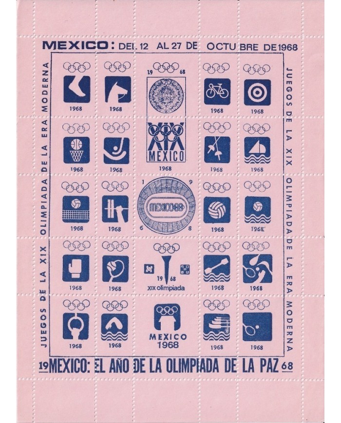 F-EX15623 OLYMPIC GAMES MEXICO 1968 BLUE CINDERELLA SHEET RED PAPER NO GUM.